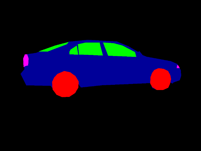 colorful PNG mask annotation: black for background, red for wheels, green for windows, purple for lights and blue for the body. Generated by myself.
